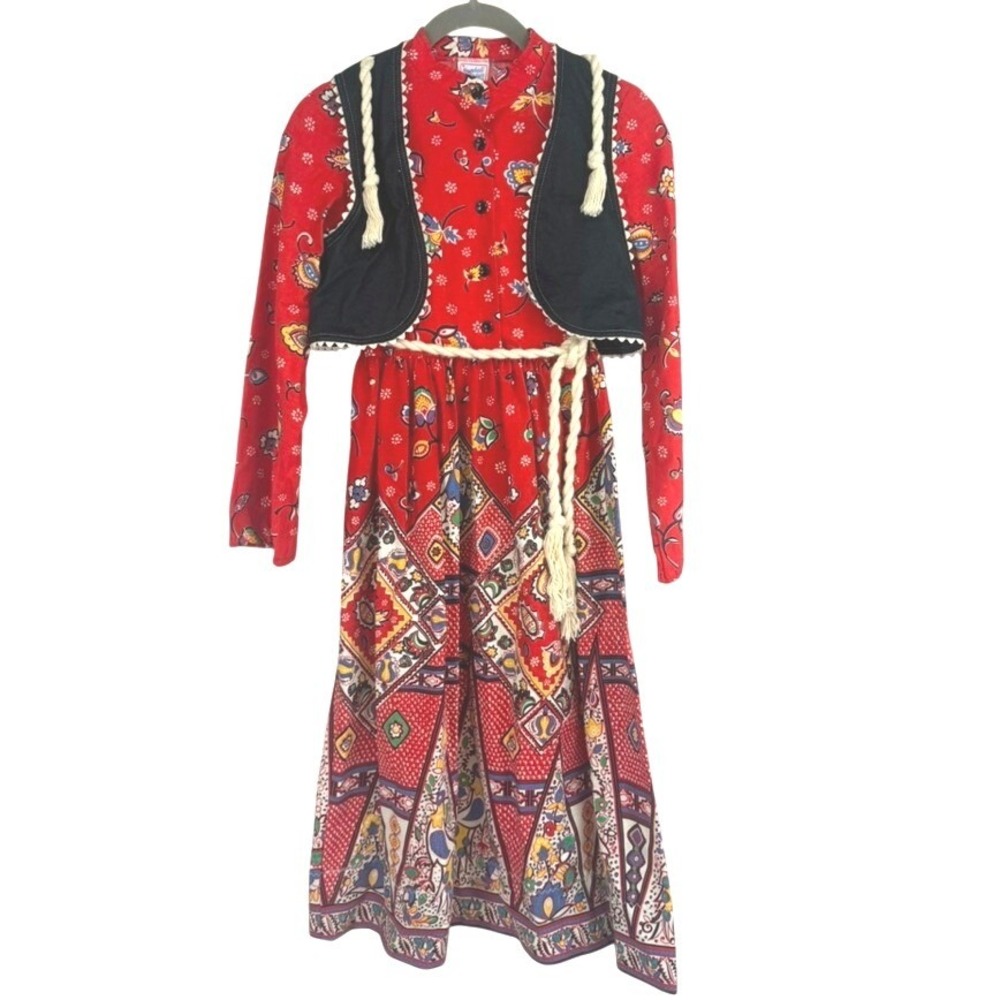 Vintage 70s Girls Dress|M|MARSHALL SINCLAIR Red Calico Boho Vest Cottage Prairie